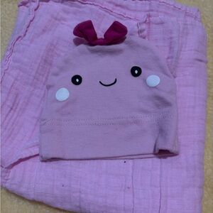 Pink Kids Beanie with Cute Face Design and Swaddle Set